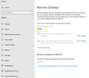 enabling remote desktop from settings