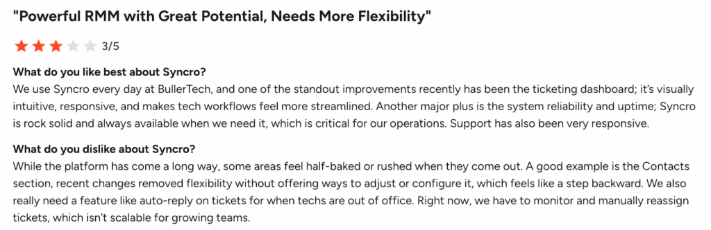 a user's review of syncro on capterra platform screenshot