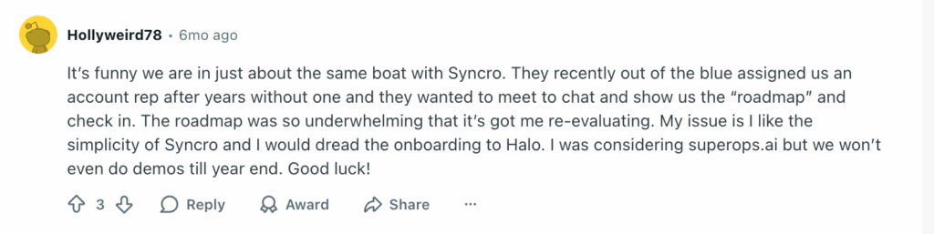 a user's review of syncro on reddit's msp subreddit community platform screenshot