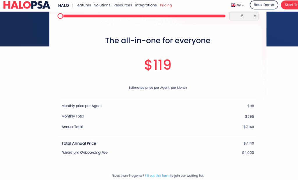 HaloPSA pricing screenshot included in Syncro vs HaloPSA comparison