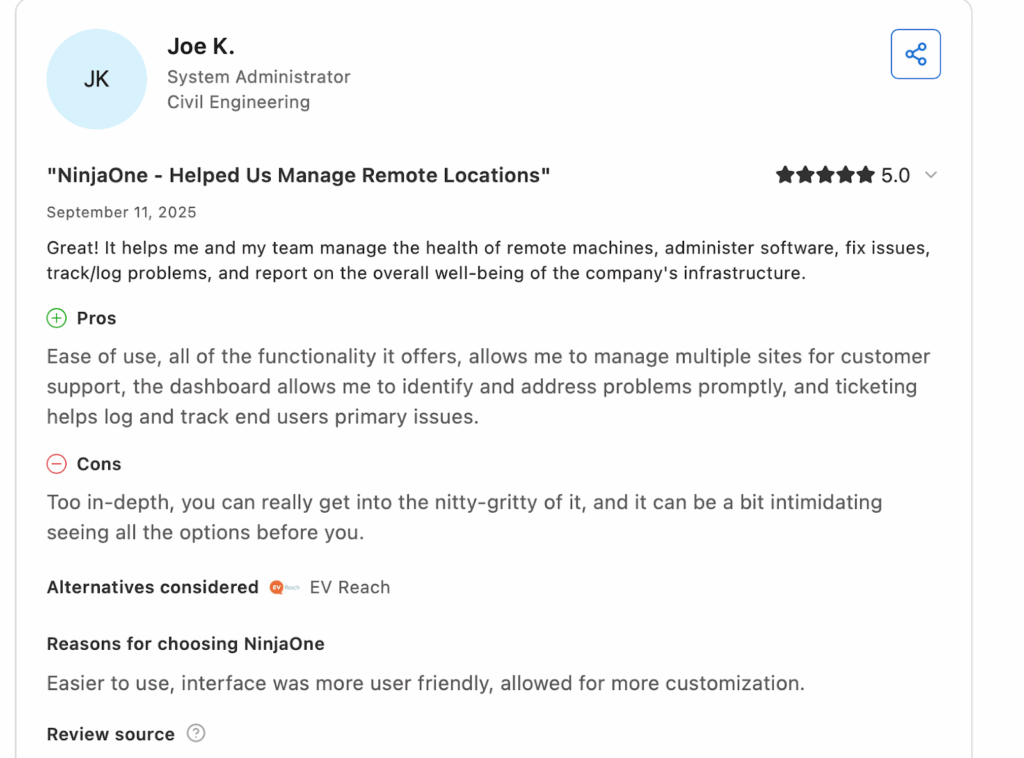 G2 user review screenshot highlighting real MSP experiences with NinjaOne’s RMM platform, used in the Syncro vs Ninja comparison.