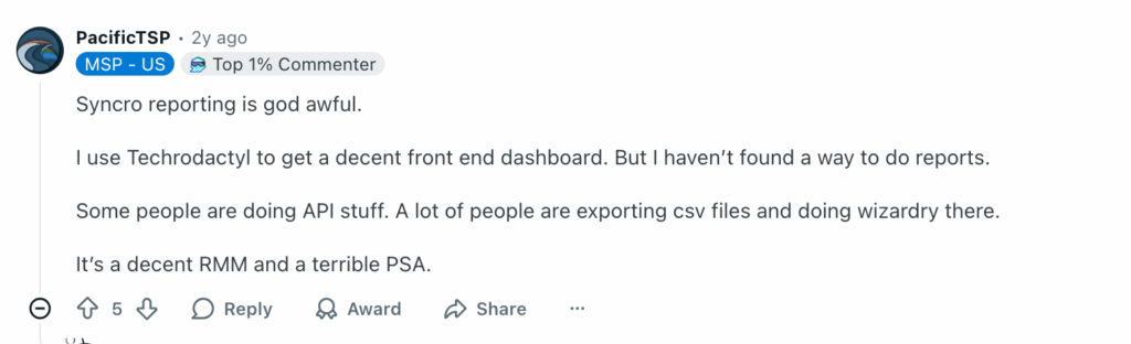 a user's review of syncro reporting on reddit's msp subreddit community platform screenshot
