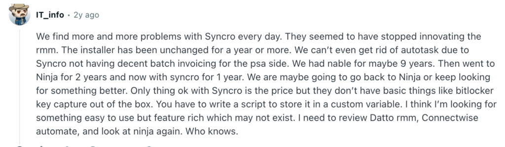 a user's review of syncro on reddit's msp subreddit community platform screenshot