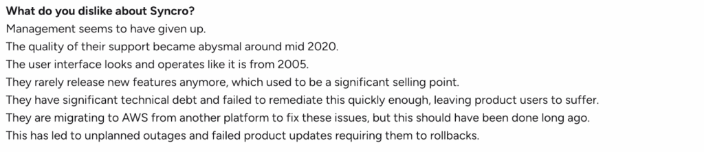 a user's review of syncro on G2 platform screenshot