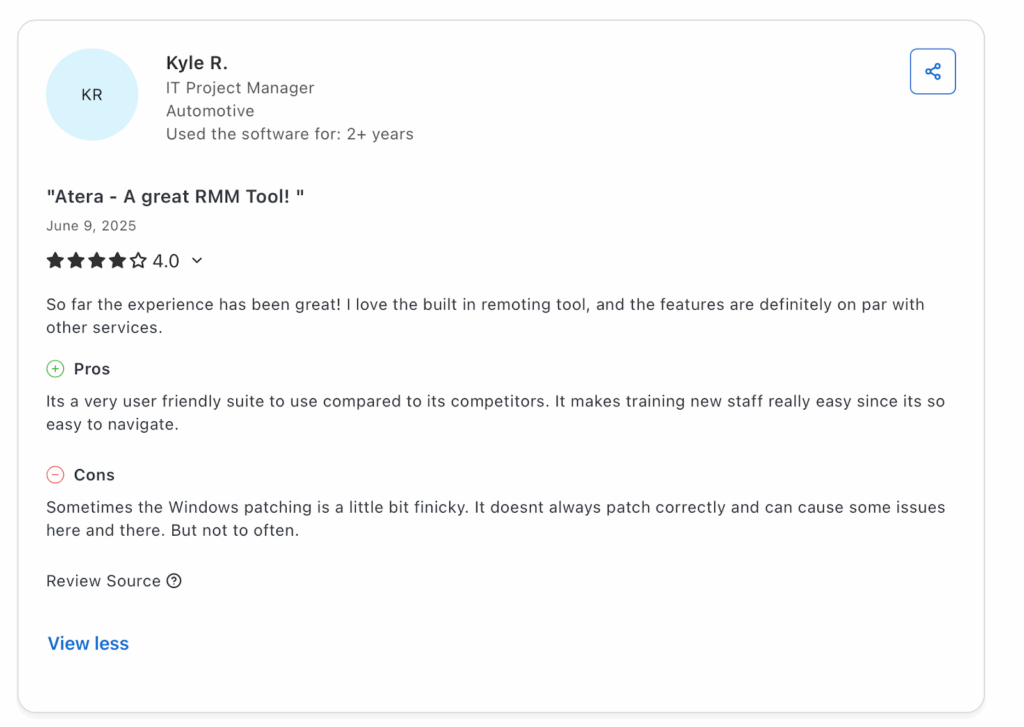G2 review screenshot featuring user ratings of Atera’s IT management platform, referenced in the Syncro vs Atera section.