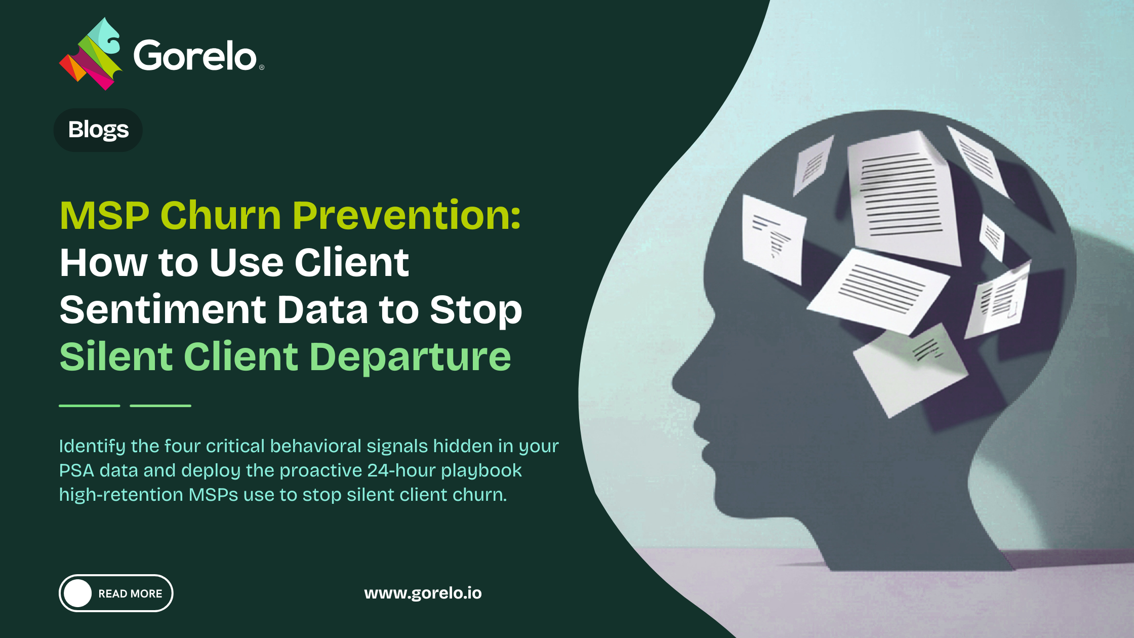 MSP churn prevention blog cover showing a human head silhouette filled with scattered documents, representing client sentiment signals hidden in PSA data